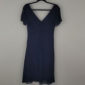 Maggy London 100% silk Black Midi Dress Slit flutter sleeves V-neck Size 10